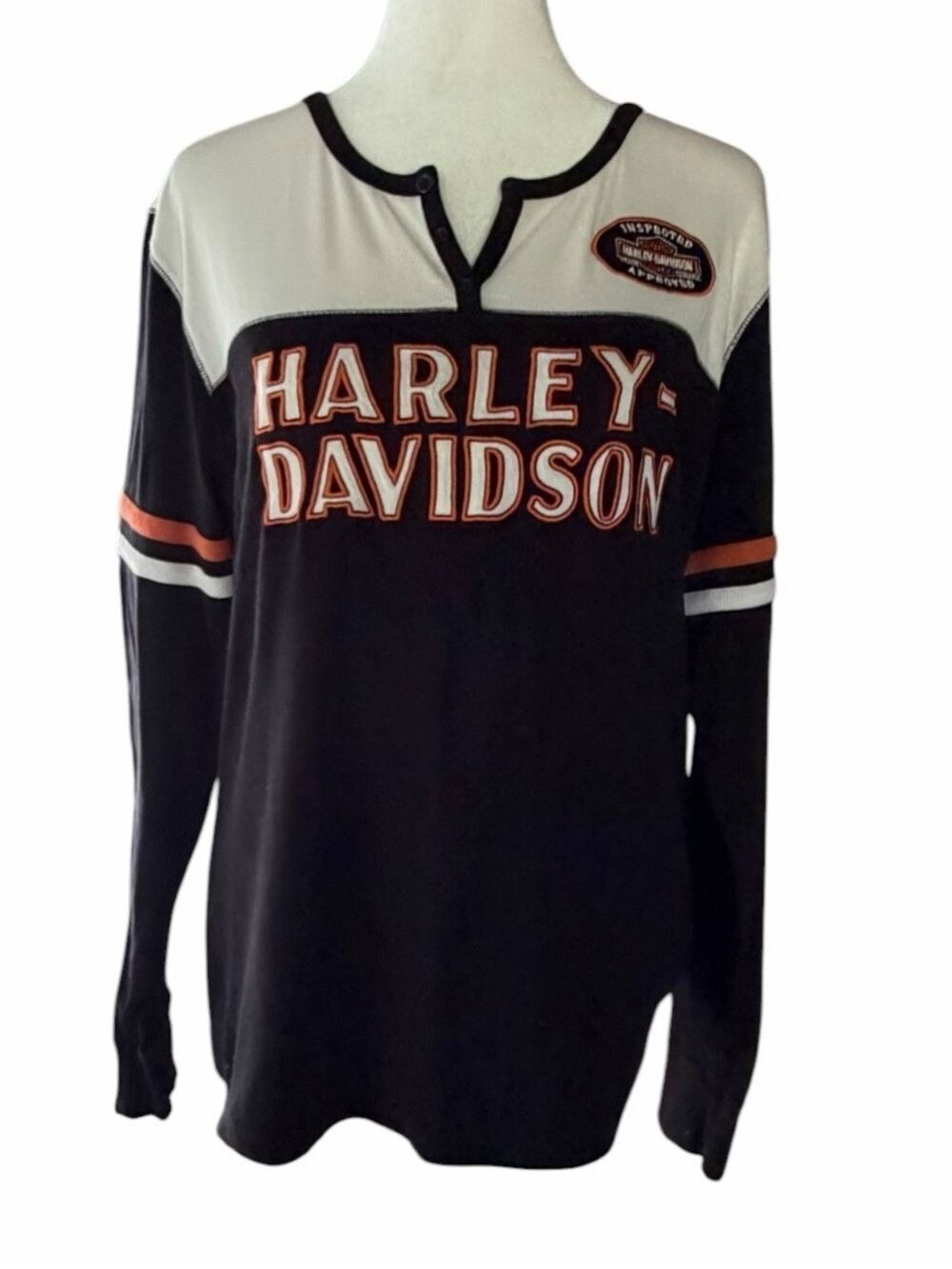 Y2K Harley Davidson Colorblock Long Sleeve Henley Embroidered Front Back XL